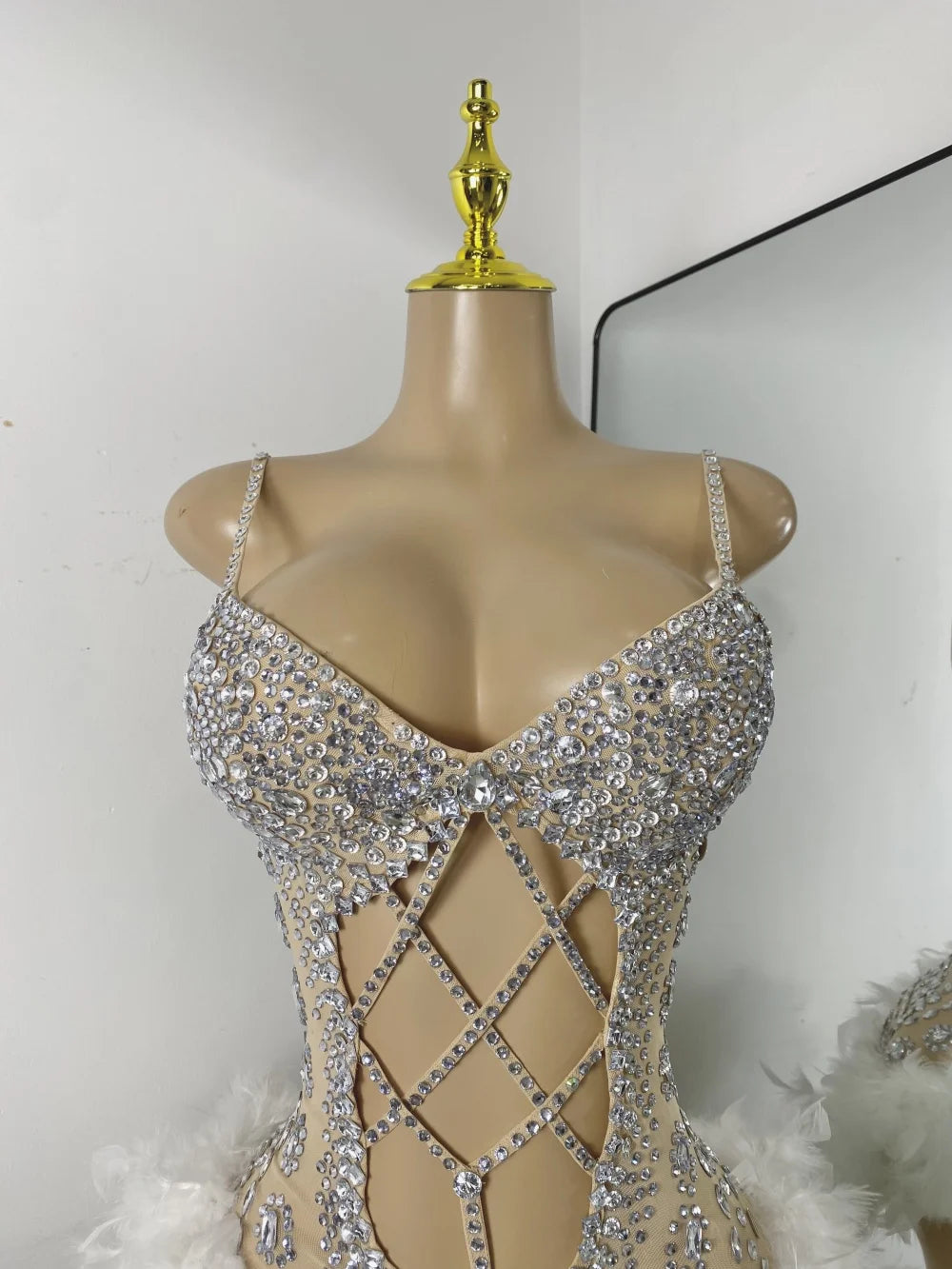 Luxury Women Sexy Shiny Crystal Feathers Hollow Out Bodysuit Nightclub Performance Dance Costume Nightclub Singer Stage Wear - Matrix Studios