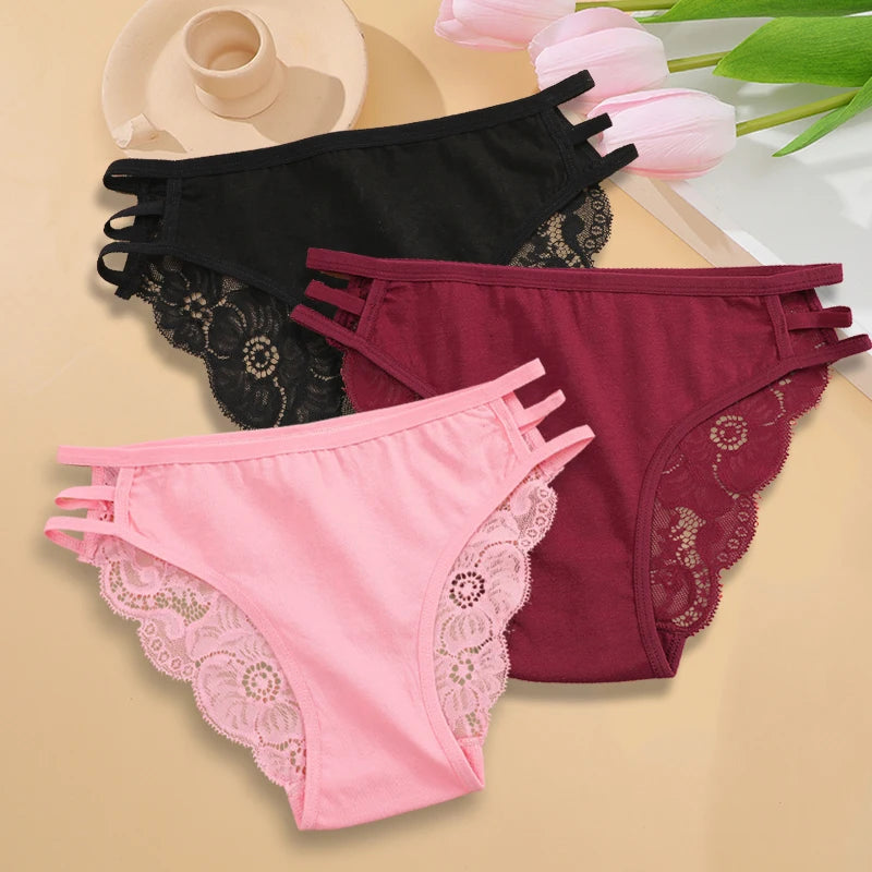 3PC/Set Women's Sexy Floral Lace Panties Low Rise Hollow Out Briefs Transparent Underwear Female Elastic Straps Soft Lingerie - Matrix Studios
