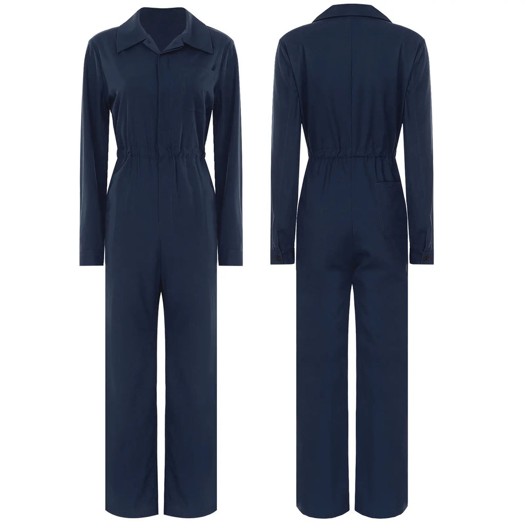 Womens Work Jumpsuit Fashion Button Coverall Casual Turn Down Collar Long Sleeve Romper Overall Elegant Button Front Design - Matrix Studios