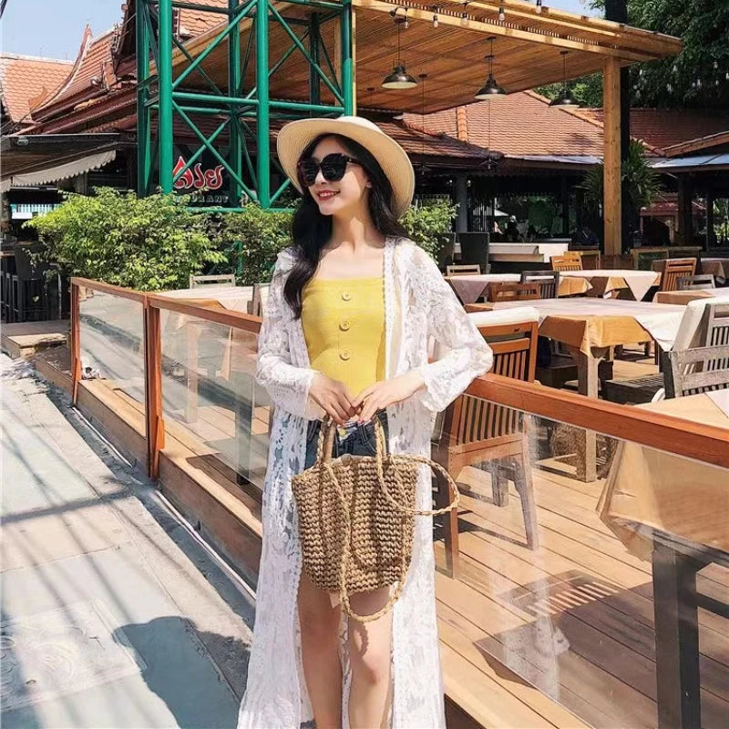 2024 Dress Beach White Lace Summer Maxi Dress Women Long Sleeve Beach Cover Up Sexy See Through Boho Bikini Beachwear Cover-ups - Matrix Studios