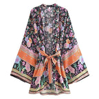 Boho Queens Floral Print Sashes Bohemian Kimono Women  V Neck Batwing Sleeves Short Robe Vacation Beach Bikini Cover-ups - Matrix Studios