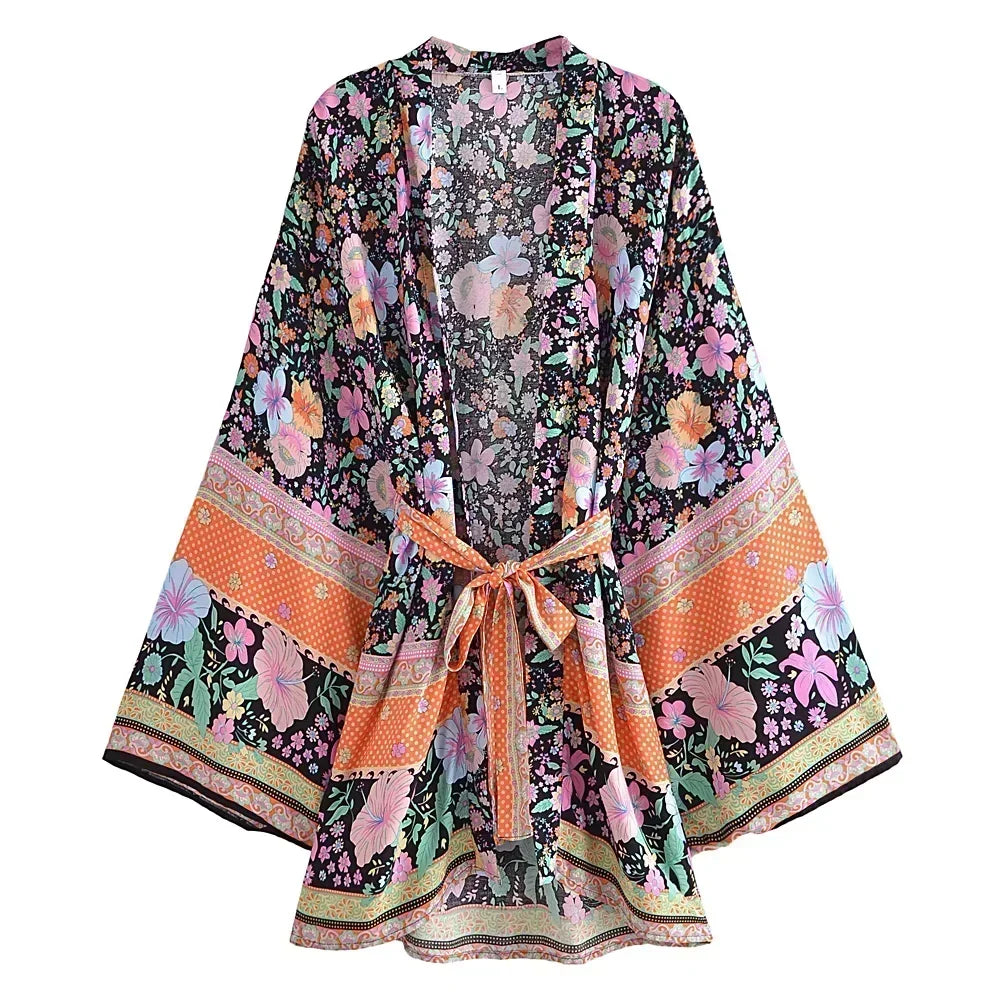 Boho Queens Floral Print Sashes Bohemian Kimono Women  V Neck Batwing Sleeves Short Robe Vacation Beach Bikini Cover-ups - Matrix Studios