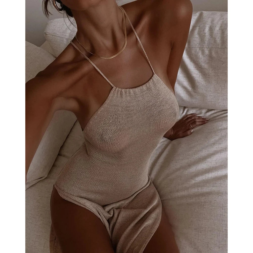 2026 Kintted Cover Up Beach Sexy See Through Maxi Slit Bodycon Summer Dress Bikinis Cover-ups  Elegant Halter Beachdress - Matrix Studios