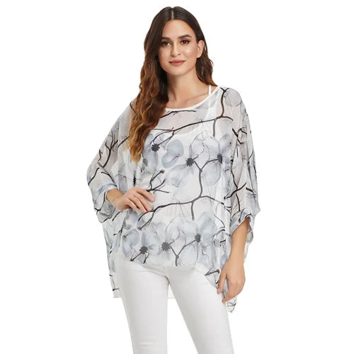 BHflutter White Blouse Shirt Women Fashion Batwing Casual Summer Tops Tees Ladies Print Chiffon Blouses Streetwear Plus Size - Matrix-studios.com