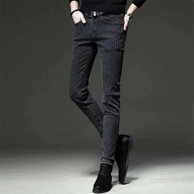 Men's Striped Slim Stylish Casual Pencil Pants Jeans Spring Autumn Korean Trendy Fashion Brand New Elastic Striped Long Trousers - Matrix Studios