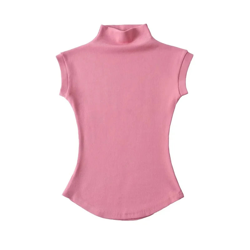 Women Summer Sexy Turtleneck Sleeveless T-Shirts Tops Solid Slim Fit Pullovers Causal Tees Shirts Female Streetwear Basics Tees - Matrix-studios.com