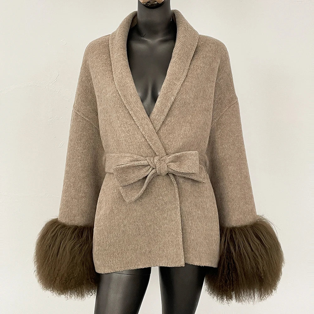 High End Double-sided Wool Strapping Real Wool Fur Coat Women's Removable Cuffs Fox Fur Temperament Cashmere Short Jacket - Matrix Studios