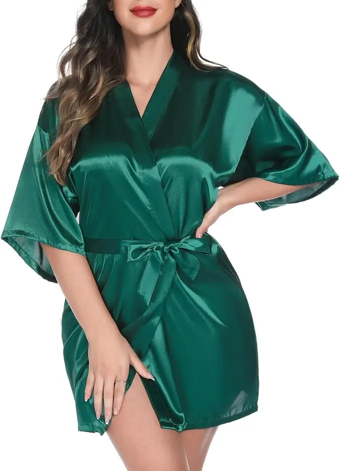Green Nightgown Solid Color Kimono Lady Elegant Bathrobe Satin Homewear Wedding Bridal Gift Sleepwear Sexy Intimate Lingerie - Matrix-studios.com