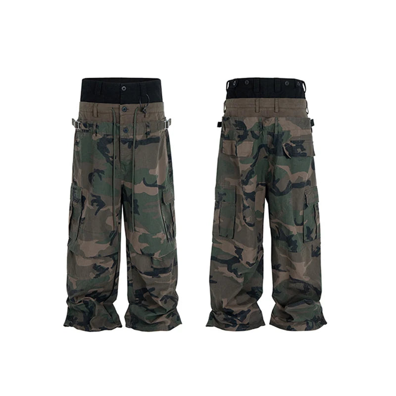 CUT-UP Double-layer Double Waist Patchwork Baggy Jeans for Men and Women Straight Casual Loose Denim Trousers Oversized - Matrix Studios
