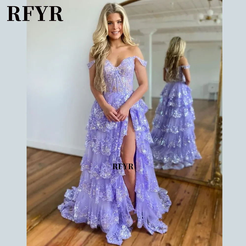 RFYR Puffy Evening Dress Off Shoulder Party Dresses Sweetheart Layered Prom Dress Appliques Evening Dress for Women Customized - Matrix Studios