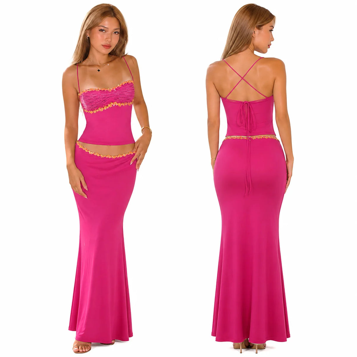 Women 2 Piece Outfit Spaghetti Strap Ruched Cami Top Floral Trim High Waist Mermaid Maxi Skirt Set Summer Beach Vacation Matching Outfits - Matrix-studios.com