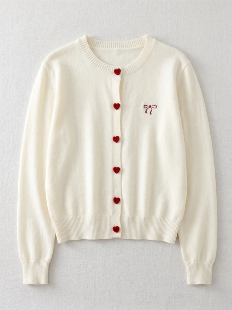 2026 Autumn O-Neck Single Breasted Heart Button Sweater Bow Embroidery Knitted Women Cardigan Korean Casual Tops Woman Clothes - Matrix Studios