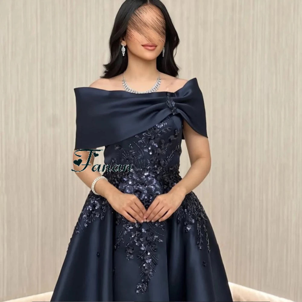 Customized Navy Blue A-line Flower Appliques Satin Evening Dress Draped Off the Shoulder Sleeveless Ankle Length Party Prom Gown - Matrix Studios