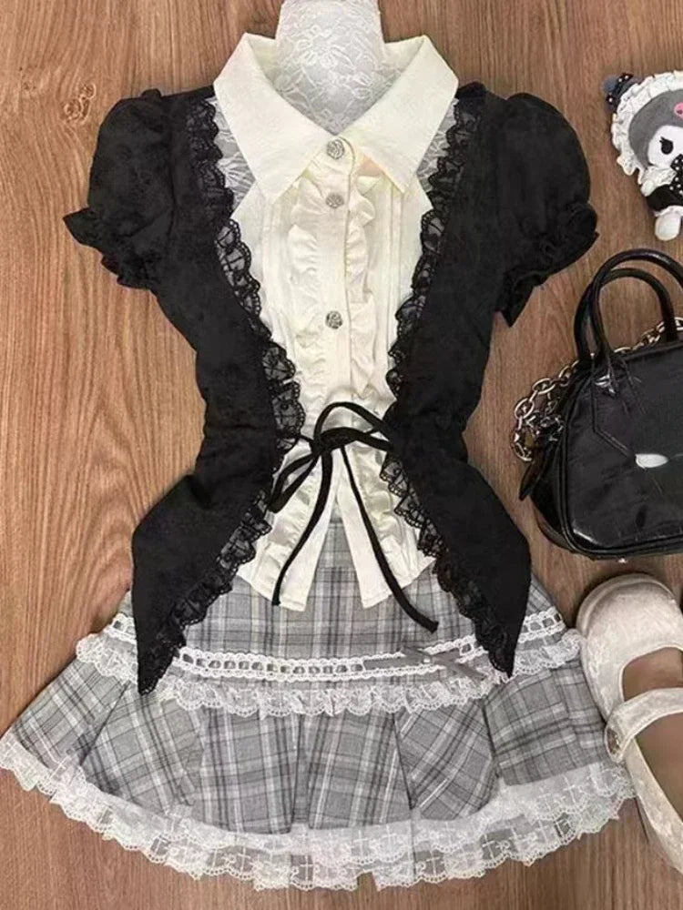 Spring Y2K Princess Outfits Women 2 Piece Sets Sweet Kawaii Bow Tops + Lace Pleated Skirt Female Retro Chic Preppy Style Clothes - Matrix-studios.com