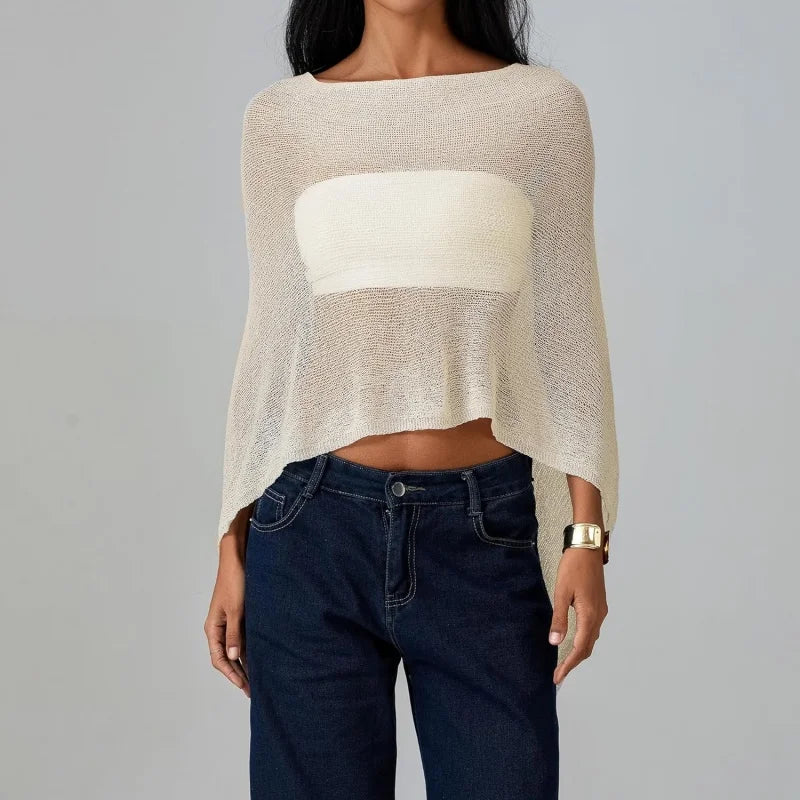 Women Sheer Knit Poncho Top Y2K See Through Crochet Batwing Sleeve Beach Cover Up Poncho Shawl Beach Vacation Outfits - Matrix Studios