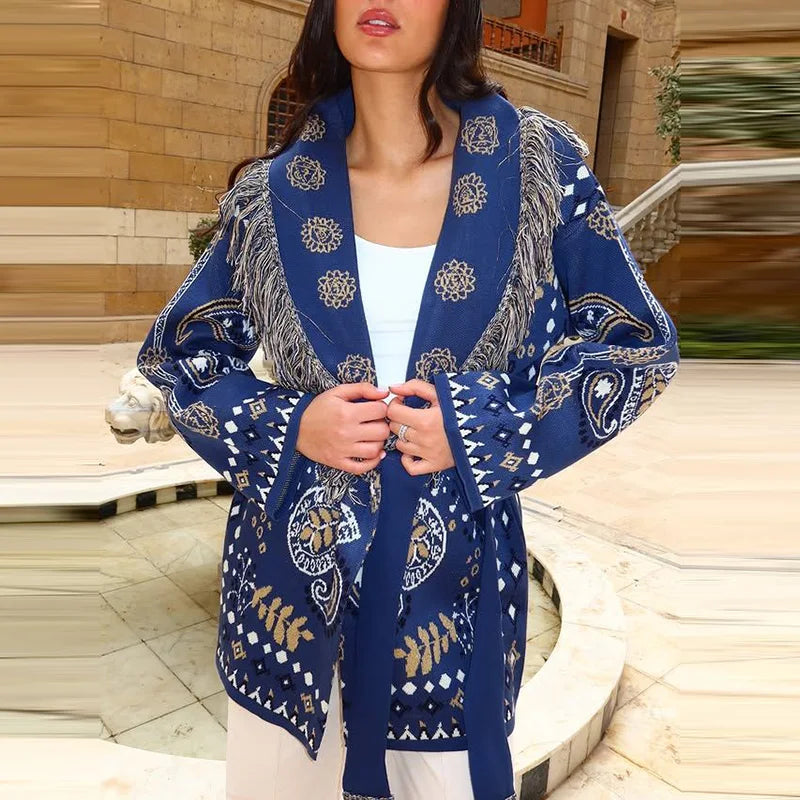 Jacquard Cardigan Women V-Neck Tie Waist Cardigans Long Sleeve Knit Sweater Waist Cuff Casual Autumn Fashion Trendy Streetwear - Matrix Studios