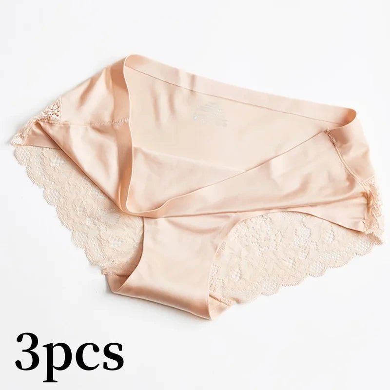 3pcs Lace Women's Panties French Seamless Underwear Female Ice Silk Briefs Solid Color Breathable Underpants Lingerie - Matrix Studios