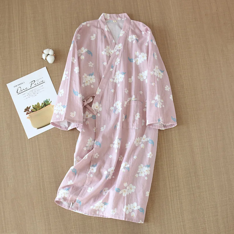 Japanese-style Kimono Pajamas Summer New 100% Cotton Gauze Pajamas Nightgown Ladies SPA Yukata Homewear Long Pajamas Women - Matrix-studios.com