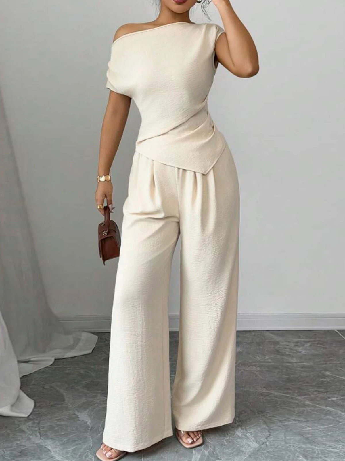 Elegant Pure Color Ladies Asymmetric Top And Wide Leg Pants 2-Piece Set for Commuting Casual Vacations Fashionable New Arrival - Matrix-studios.com