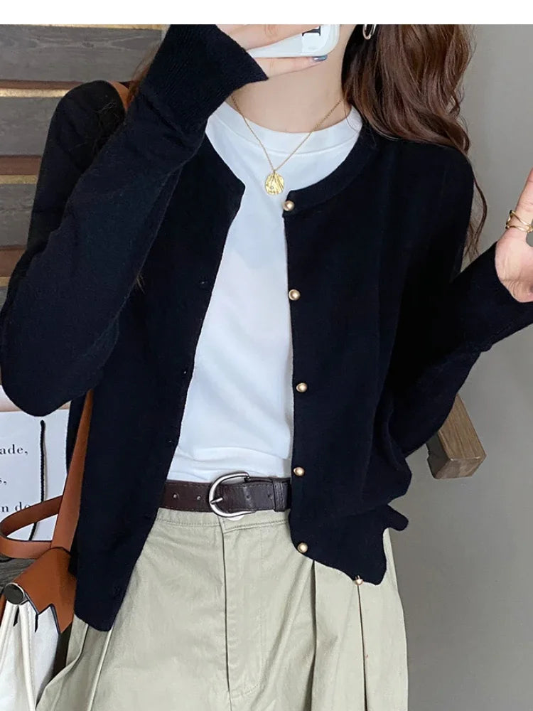 Solid Color Knitted for Women Cardigan Korean Single Breasted Long Sleeve Jumper Woman Round Neck All Match Cardigans Outwear - Matrix Studios