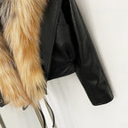 OFTBUY Women's Faux Leather Moto Jacket with Real Fox Fur Collar PU Leather Cropped Biker Coat with Lace-Up New Winter Outerwear - Matrix Studios