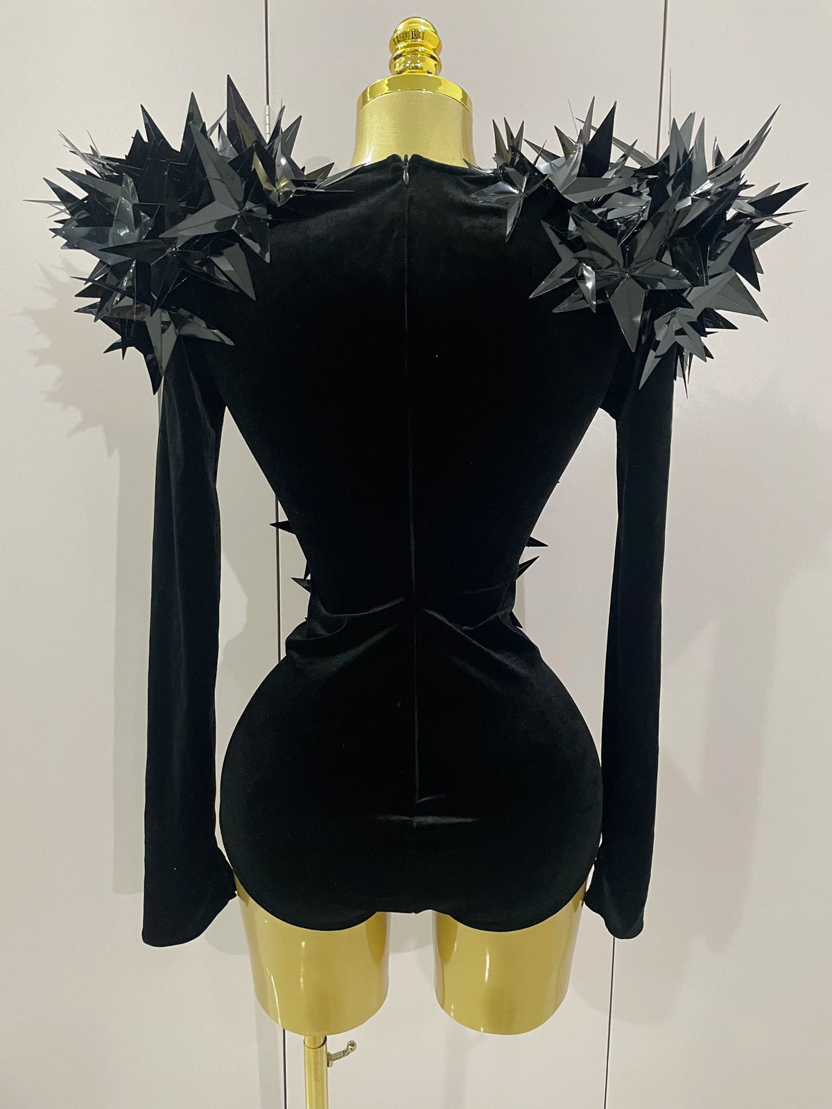 2025 New Shiny Black Rhinestone Velvet Long Sleeve Bodysuit Women Evening Party Club Gala Hosts NightClub Bar Stage Costumes - Matrix Studios