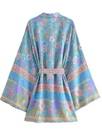 Boho Queens Floral Print Sashes Bohemian Kimono Women  V Neck Batwing Sleeves Short Robe Vacation Beach Bikini Cover-ups - Matrix Studios