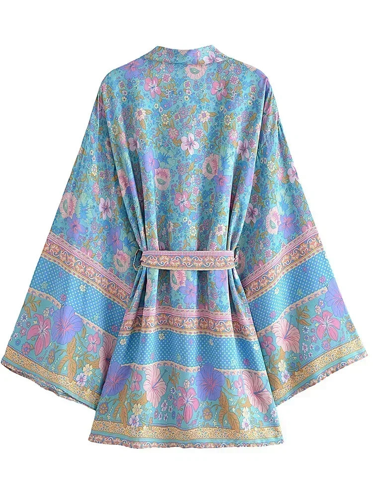 Boho Queens Floral Print Sashes Bohemian Kimono Women  V Neck Batwing Sleeves Short Robe Vacation Beach Bikini Cover-ups - Matrix Studios