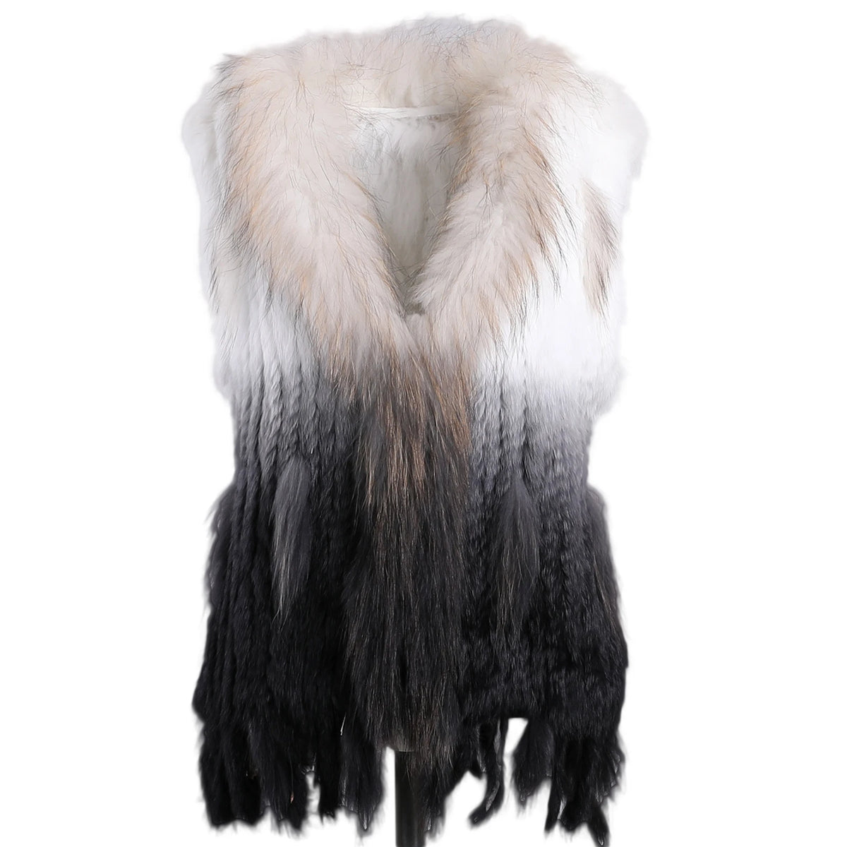 BOONJOVIA Women's 100% Real Rabbit Fur Knitted Vest Raccoon Fur Trim Collar Gilet Lady Fashion Waistcoat For Autumn Winter - Matrix Studios