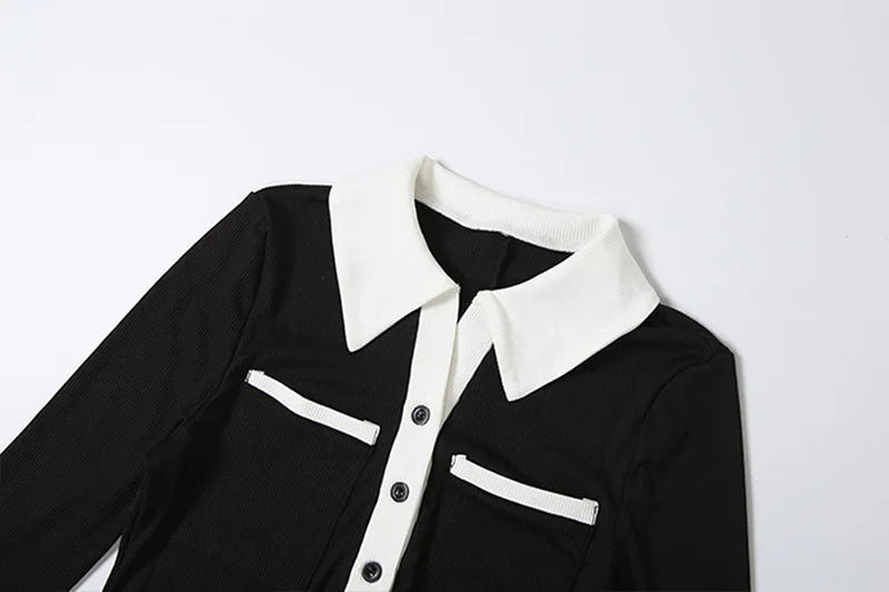 Color Patchwork Ribbed Skinny Playsuits 2025 Autumn Women Fashion Polo-neck Long Sleeve Buttons Slim Casual Rompers Streetwear - Matrix Studios