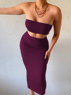 Hugcitar Women Elegant 2 Pcs Sets Strapless Sexy Tube Crop Tank Top Maxi Skirt 2025 Summer Women Casual Clothes Party Festival - Matrix-studios.com