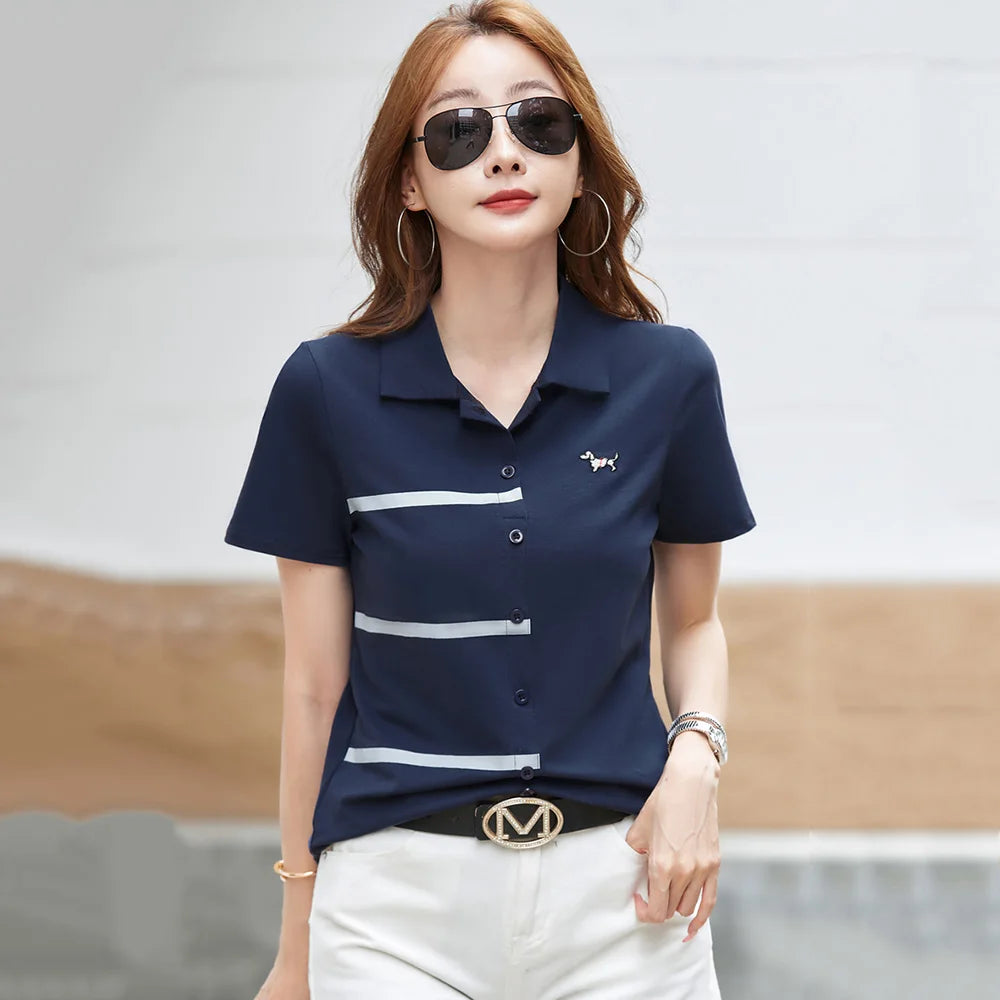 New Women Summer Cotton Polo T-shirt Fashion Turn-down Collar Short Sleeve Contrast Color T-shirt Casual Simplicity Loose Tees - Matrix-studios.com