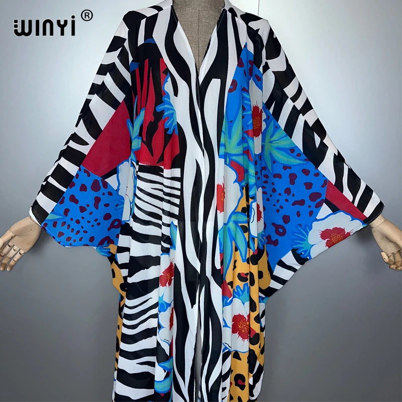 WINYI Africa Leopard Print Kimonos Loose Dresses for Woman Cardigans Beach Outfits Kaftan Beach Cover Up Evening Dress Maxi Coat - Matrix Studios