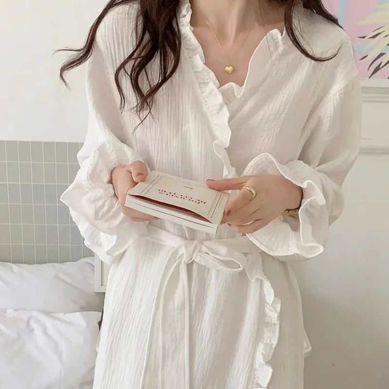 Women's Spring and Summer New Simple Long-Sleeved Robe Girls Sweet Ins Wind Ruffled Thin Section of Solid Color Pajamas Home Wea - Matrix-studios.com