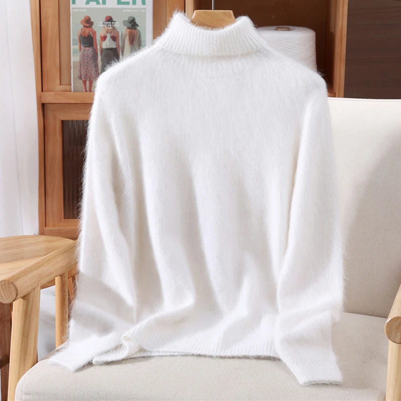 Autumn And Winter New 100% Mink Cashmere Sweater Ladies' High Lapel Solid Color Padded Pullover Wool Knitted Bottoming Shirt - Matrix Studios