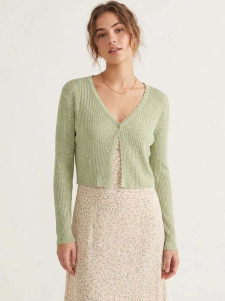 Women Cardigans Long Sleeve Knitted Outerwear Solid Thin Spring Short Sweaters V-neck Knitwears Korean Fashion Cardigans 2026 - Matrix Studios