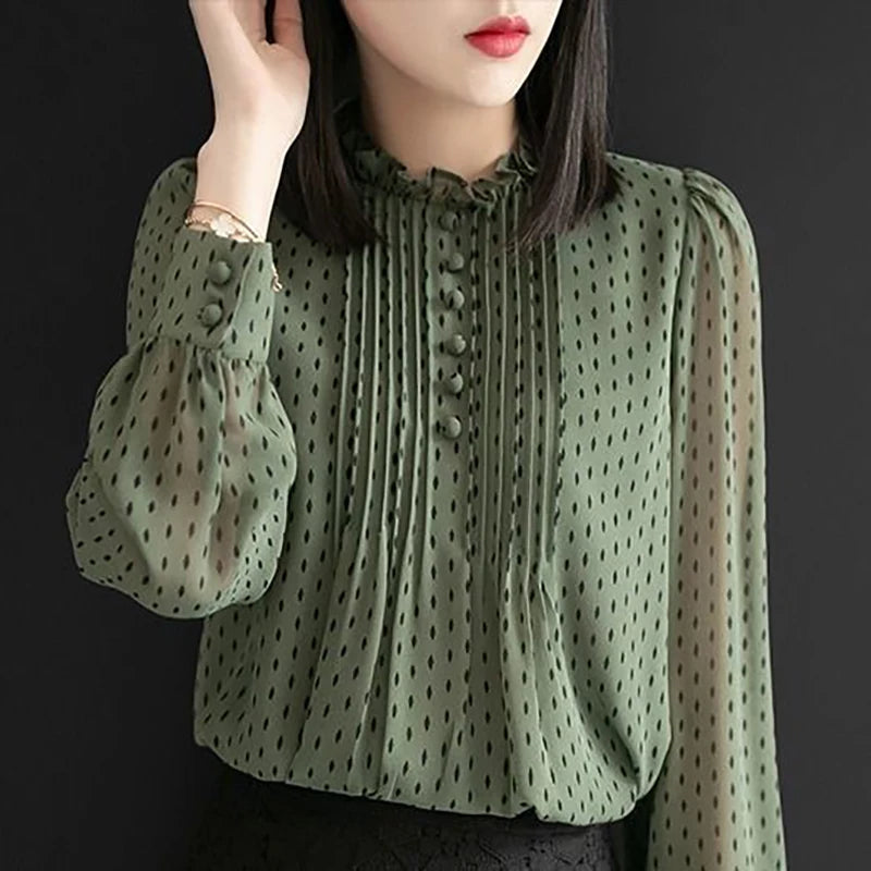 Women Spring Autumn Style Chiffon Blouses Shirts Lady Casual Long Sleeve O-Neck Polka Dot Printed Chiffon Blusas Tops DD8879 - Matrix-studios.com