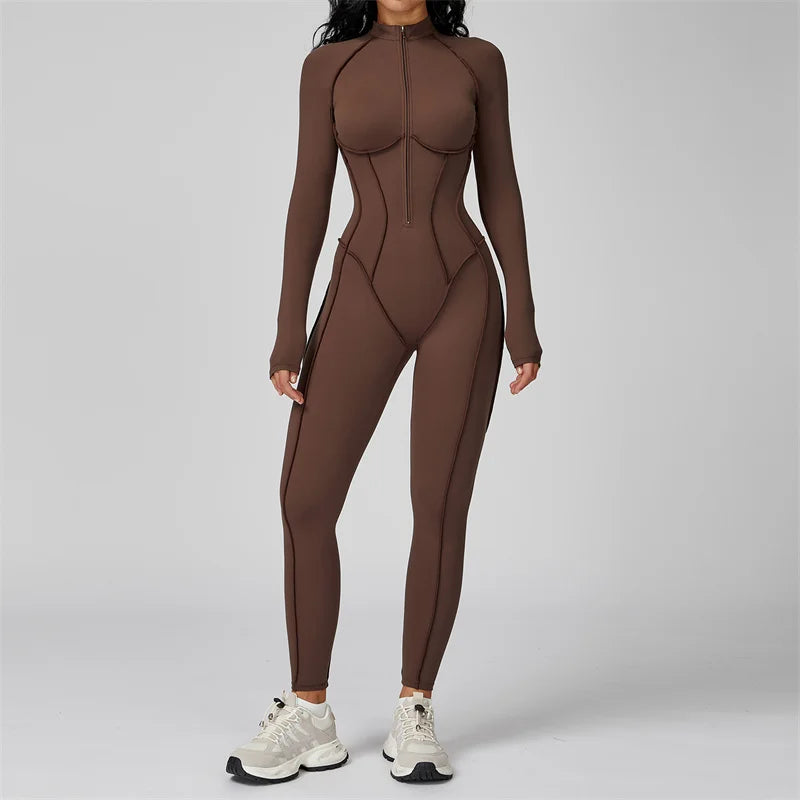 TRY TO BN Gym Jumpsuit Half Zipper Sports Stripe Fitness Bodysuit One-Piece Workout Activewear Tights Woman Suits Yoga Clothing - Matrix Studios
