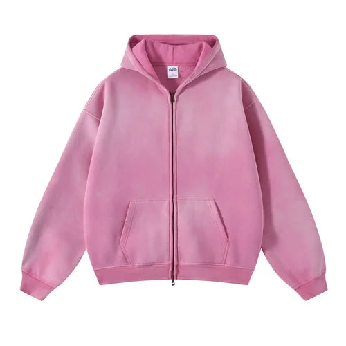Men's Zip Up Hoodies Tie Dye Washed Double Oversize Cardigan Sweatshirt Loose Plus Plush Gradient Man Hooded Pullovers Winter - Matrix Studios