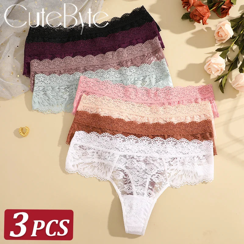 3Pcs Lace Sexy Thongs Women Low-Rise Briefs Sexy Soft Ladies Underwear Trendy Floral Underpants Female Flowery Panty Lingerie - Matrix Studios