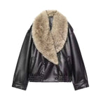 TFMLN 2025 Winter Women Loose Faux Leather Jacket Fashion Removed Big Fur Collar Causal Coat High Street Double Breasted Outwear - Matrix Studios