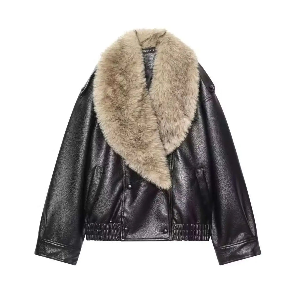 TFMLN 2025 Winter Women Loose Faux Leather Jacket Fashion Removed Big Fur Collar Causal Coat High Street Double Breasted Outwear - Matrix Studios