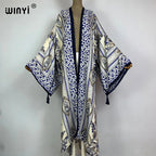 2026 WINYI New Cotton Feeling Bikini Cover-ups Bohemian Print Front Open Long Kimono Kaftan Beach Cover Ups for Swimwear Dresses - Matrix Studios