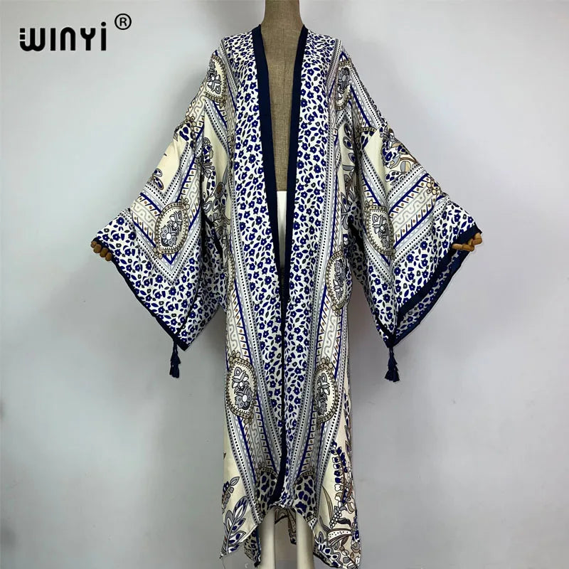 2026 WINYI New Cotton Feeling Bikini Cover-ups Bohemian Print Front Open Long Kimono Kaftan Beach Cover Ups for Swimwear Dresses - Matrix Studios