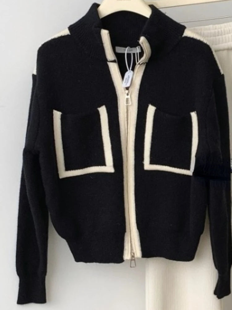 Y2k Elegant Casual Knitted Chic Jumpers Double Zipper Pockets Tender Cardigans Women Sweet Loose Stand Neck Sweaters Japanese - Matrix Studios