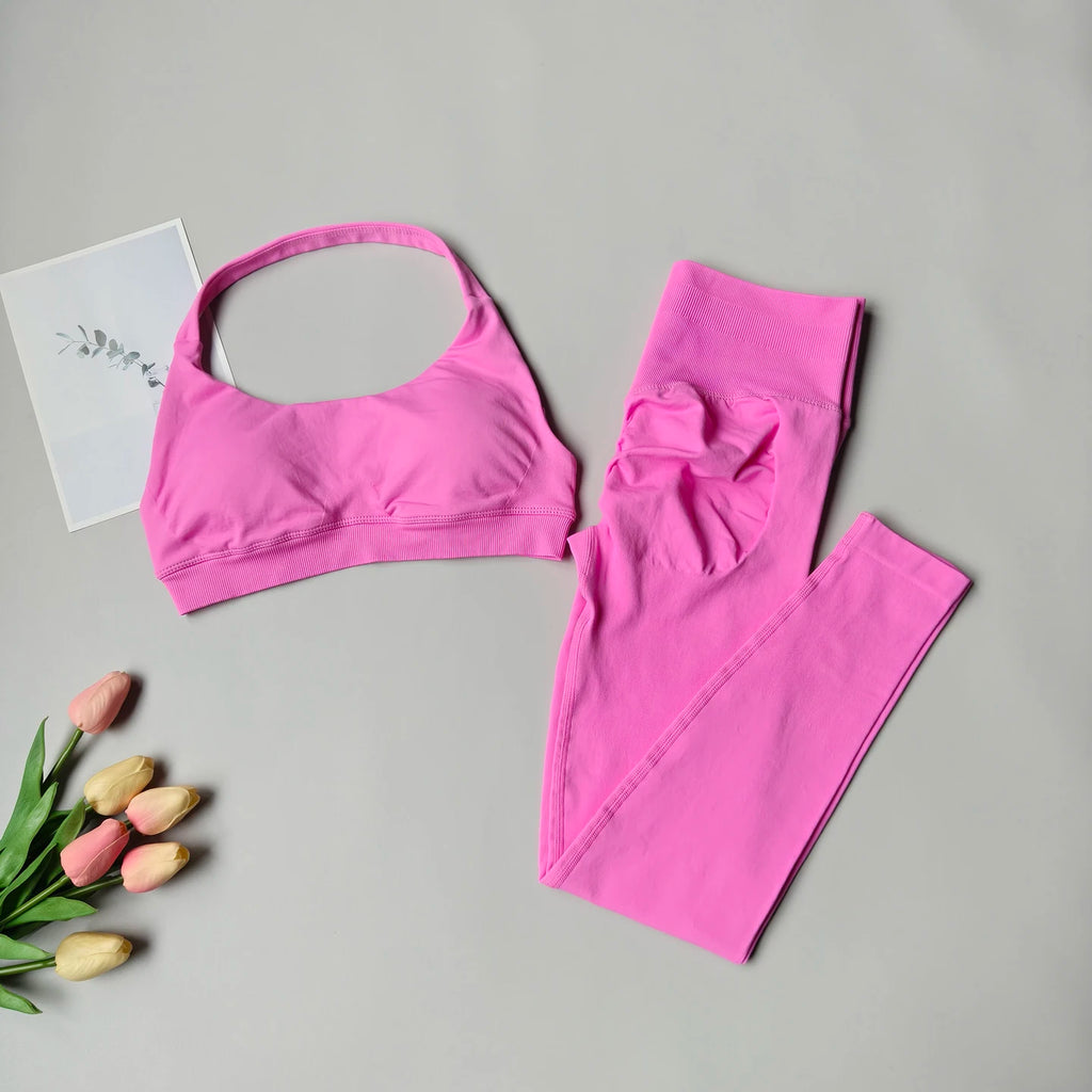 2 Pieces Women's Yoga Suit Seamless Fitness Gym Clothes Halter Sports Bra Matching Yoga Leggings for Workout Sets Gym Outfit - Matrix-studios.com
