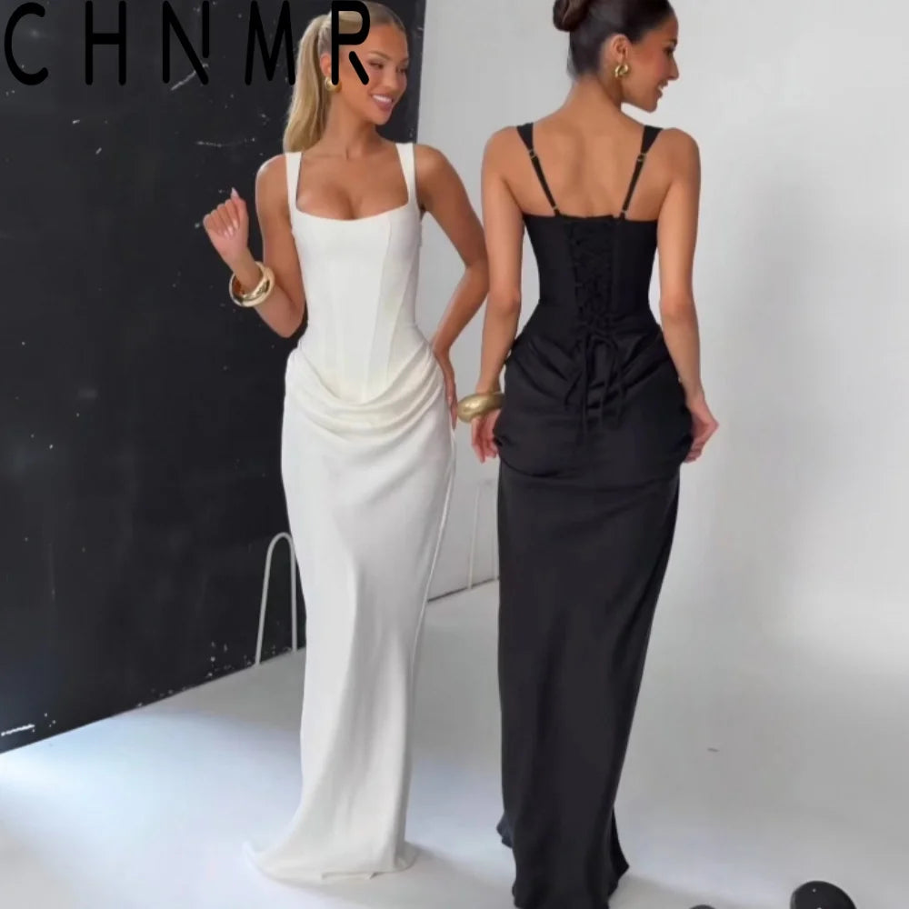 CHNMR Sexy Backless Ruched Maxi Dress for Women U-neck Sleeveless Bandage Bodycon Black Long Dresses Lady Evening Party Gown - Matrix-studios.com