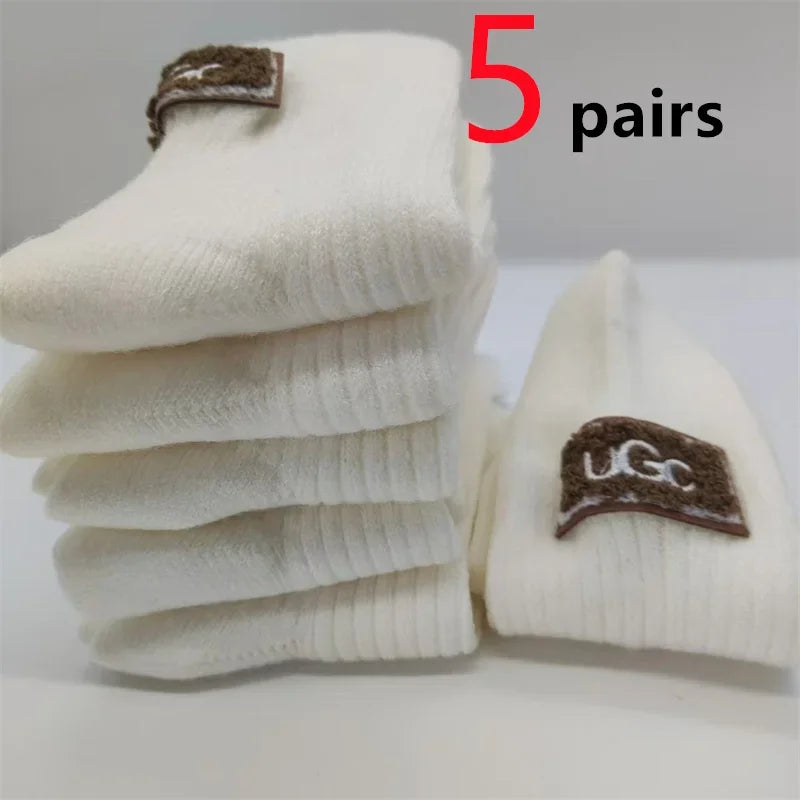 5/10 Pairs Socks Women Luxury Designer Cashmere Wool Sock Solid Warm Thick Pile Embroidered Logo Mid-Calf female Snow Boot Socks - Matrix Studios