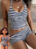 Women 2 Piece Striped Bikinis Set Tankini Swimsuit Stripe Halter Ruched Front Swimwears Boyshort Bikini Tummy Bathing Suit - Matrix-studios.com
