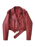 Ailegogo Spring Autumn Women Faux Pu Leather Short Jacket with Belt Motorcycle Biker Female Zipper Lapel Loose Coat Outwear - Matrix Studios